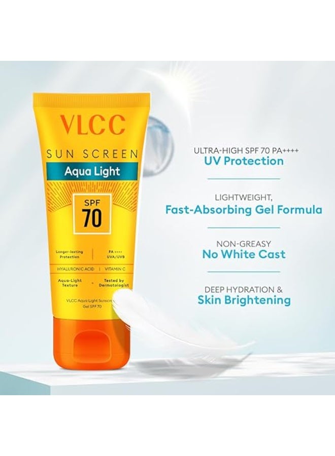 فى ال سي سي جل واقي من الشمس VLCC Aqua Light بعامل حماية SPF 70 PA++++ | حماية فائقة من الأشعة فوق البنفسجية لجميع أنواع البشرة | لا يترك طبقة بيضاء | غير دهني، سريع الامتصاص | حمض الهيالورونيك وفيتامين سي | مقاوم للعرق والرطوبة - 100 غرام - Image 4